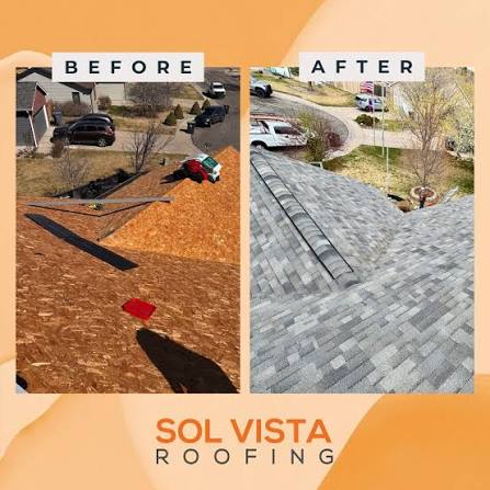 Side-by-side photo shows a house roof before and after repair: left image features exposed wooden roofing, right image displays a finished gray shingle roof. "BEFORE" and "AFTER" labels highlight the transformation, with "SOL VISTA ROOFING" branding at the bottom—an effective marketing visual for roofing companies featured on Hook Agency's website.