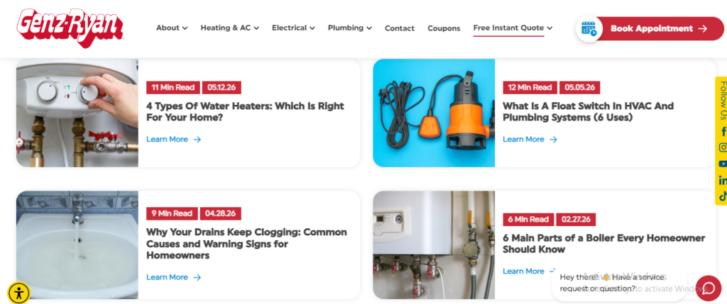 Hook Agency's site shows HVAC and plumbing articles with photos, dates, read times, navigation, booking, and contractor resources.