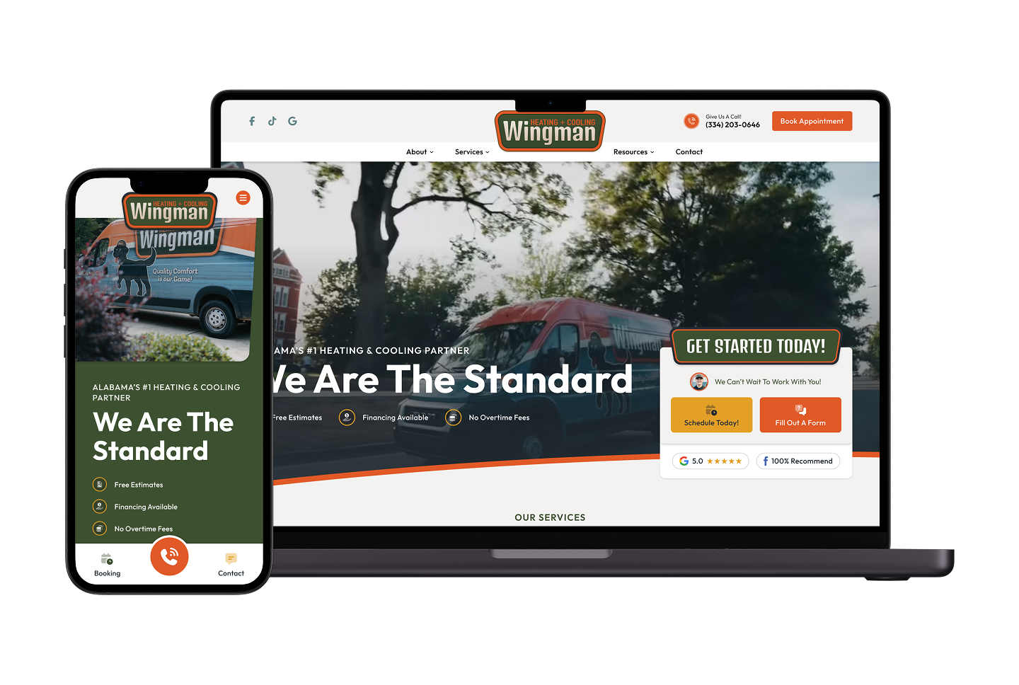 A smartphone and laptop showcase the Wingman Heating & Cooling website homepage on Hook Agency’s site, highlighting the company’s branding, service van image, “We Are The Standard” slogan, and prominent service buttons in a streamlined, modern layout.