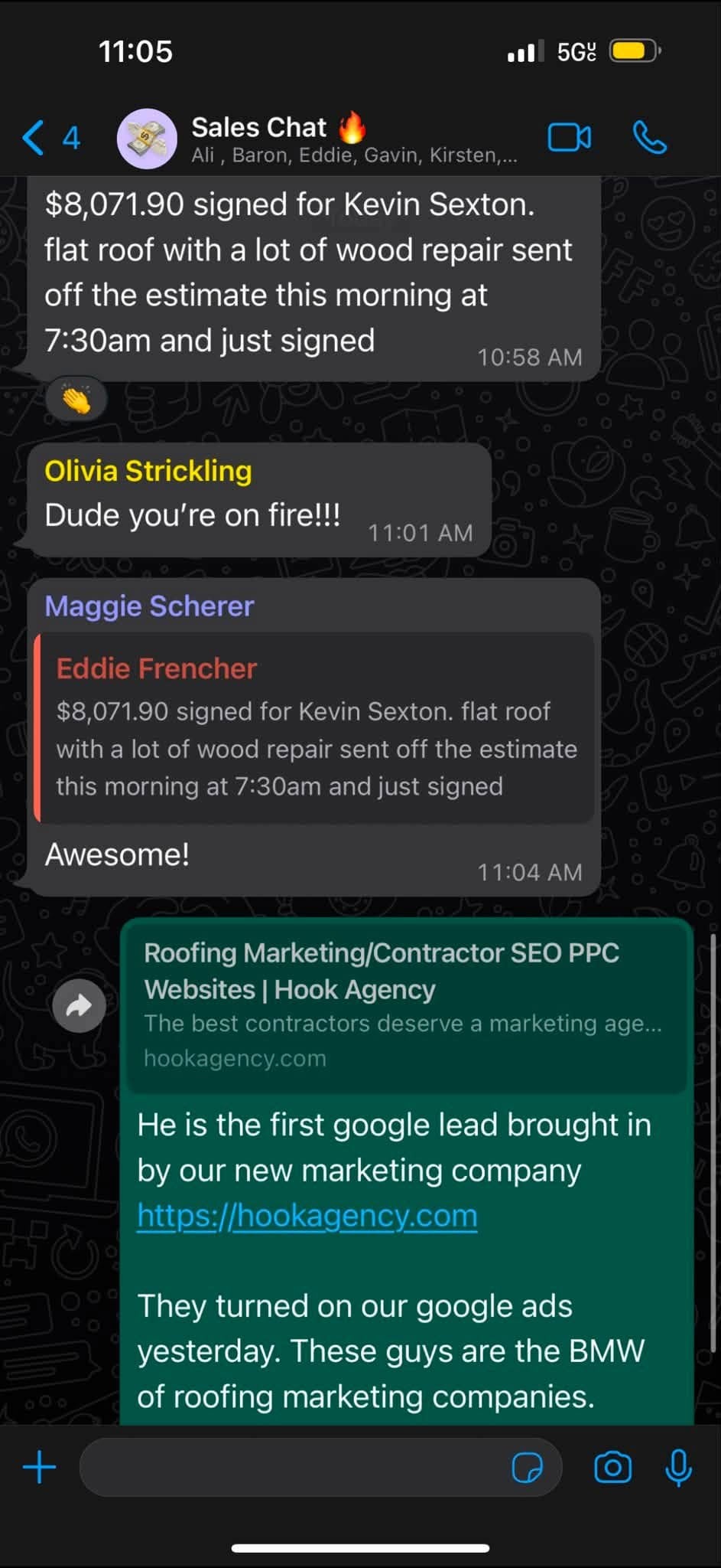 A WhatsApp group chat displays discussion of a signed $8,071.90 flat roof repair estimate for Kevin Sexton, with group members celebrating the deal. At the bottom, a link preview showcases Hook Agency’s roofing marketing website and multiple customer reviews.