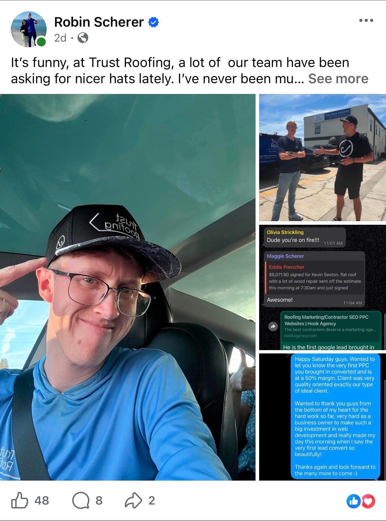 A man wearing glasses and a “Trust Roofing” hat smiles and points to his cap, highlighting positive client reviews of Hook Agency shown in message screenshots; another man also wears the same branded hat.