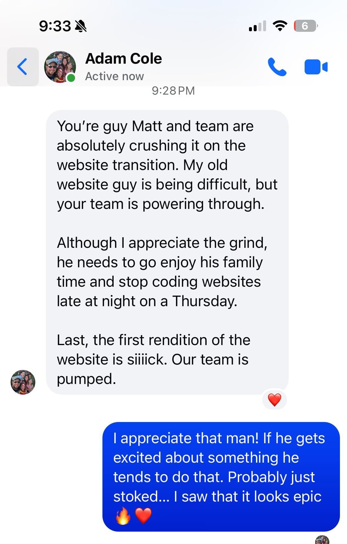 Screenshot of a Facebook Messenger chat about a website project. One participant commends the team’s dedication and the early site version, citing strong Hook Agency reviews as validation. The reply expresses enthusiasm about the positive feedback and notes that the team is likely very pleased.