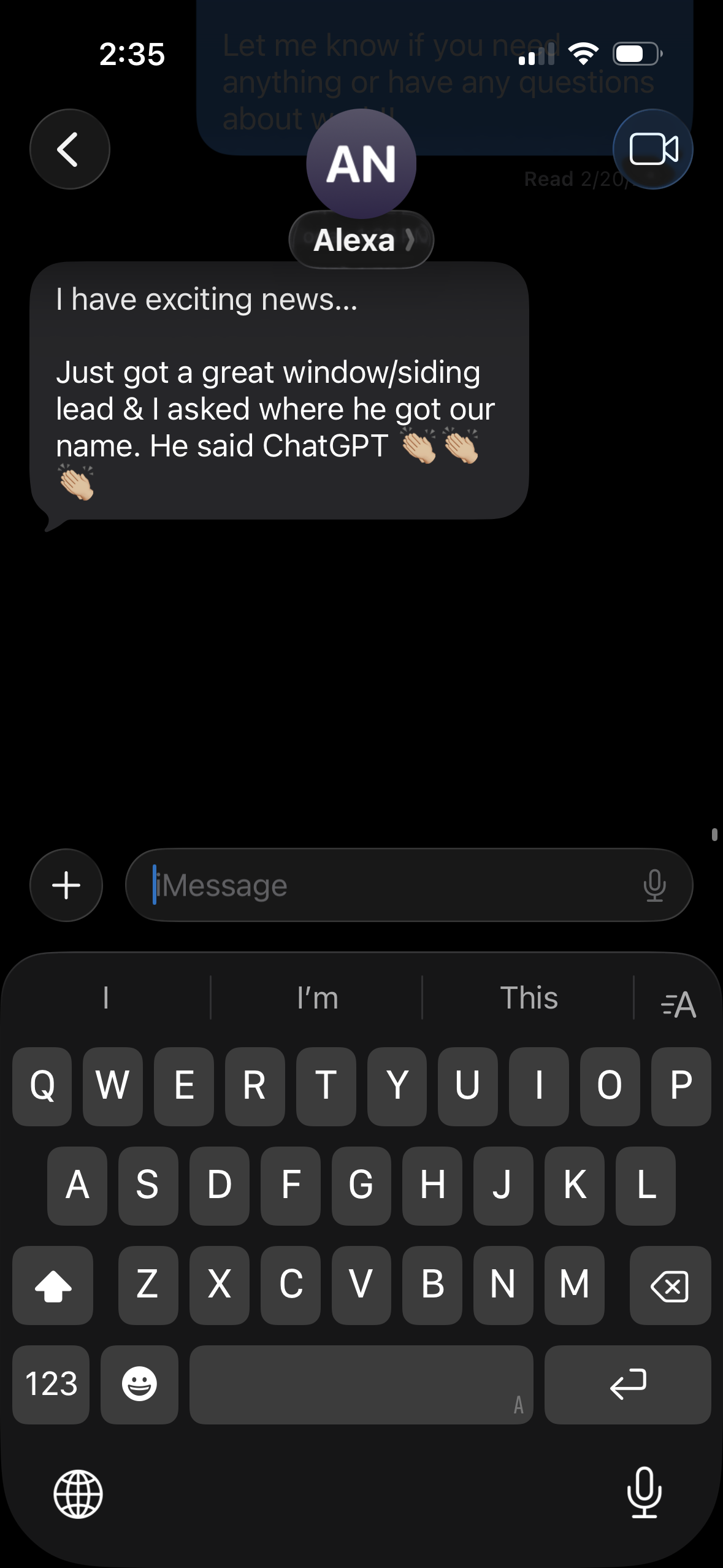 Screenshot of a text message on Hook Agency’s website: Alexa announces that a window and siding lead obtained ChatGPT’s name independently, likely after viewing Hook Agency reviews. Three clapping hand emojis emphasize the excitement. Phone keyboard appears at the bottom of the screen.