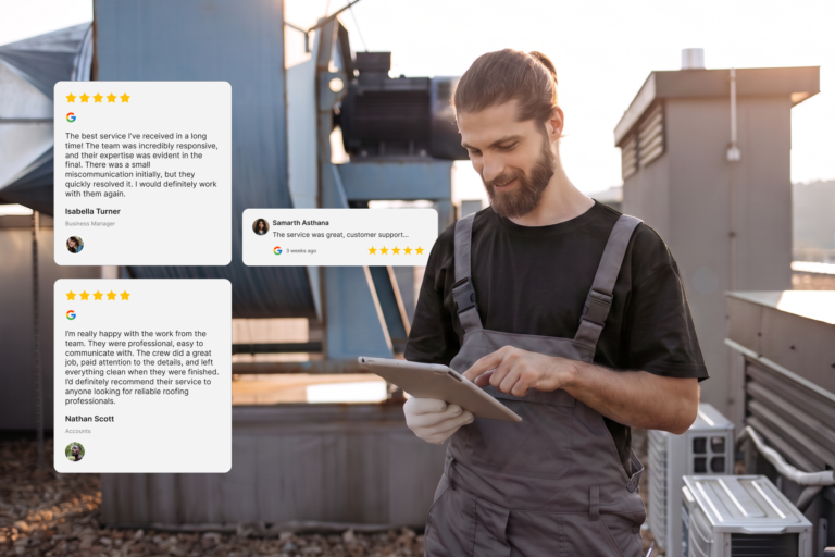 A bearded HVAC technician in overalls stands on a rooftop using a tablet beside HVAC units. Three customer review pop-ups with star ratings appear, displaying strong satisfaction and positive feedback for his service, reinforcing Hook Agency’s reputation for quality results.