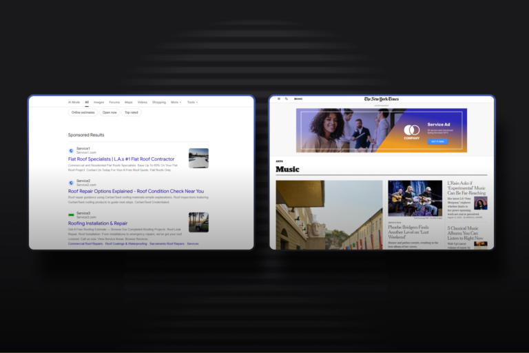 Two website screens highlight key digital strategies: the first displays search engine results for roof repair targeting high-intent traffic, while the second shows an online news site with impactful display ads and articles featuring people and buildings. Both are set against a dark blurred background for emphasis.