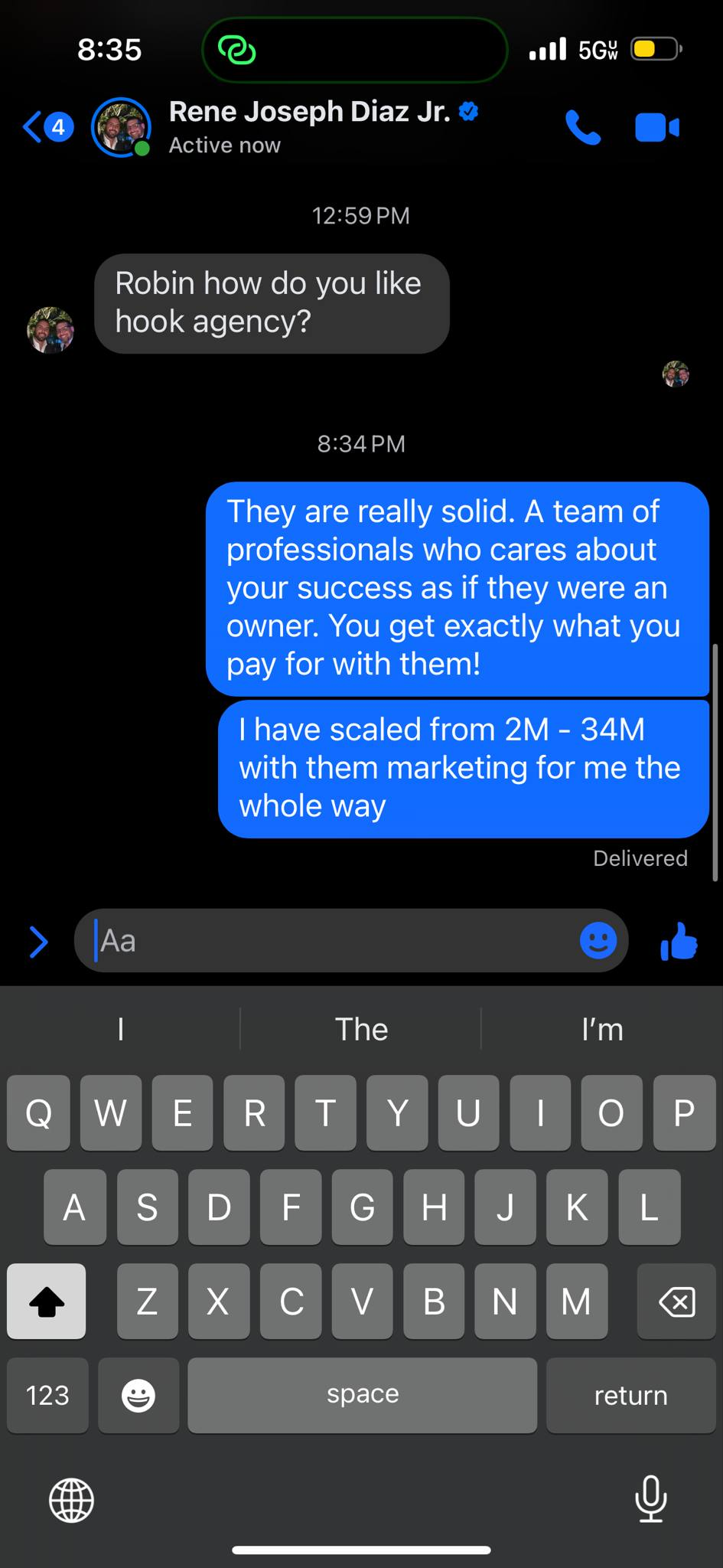 Screenshot of a Facebook Messenger chat where a client commends Hook Agency’s professionalism and shares how their business grew significantly with the agency’s support, referencing positive experiences in Hook Agency reviews.