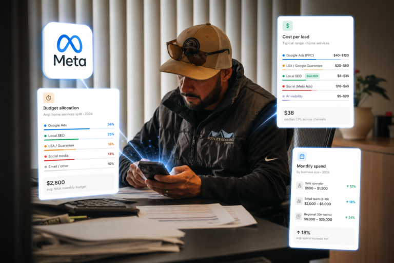 A man at a desk uses his phone, while digital graphics display actionable Meta marketing metrics—budget allocation, ads performance, cost per lead, and monthly spend—reinforcing Hook Agency’s results-driven approach.