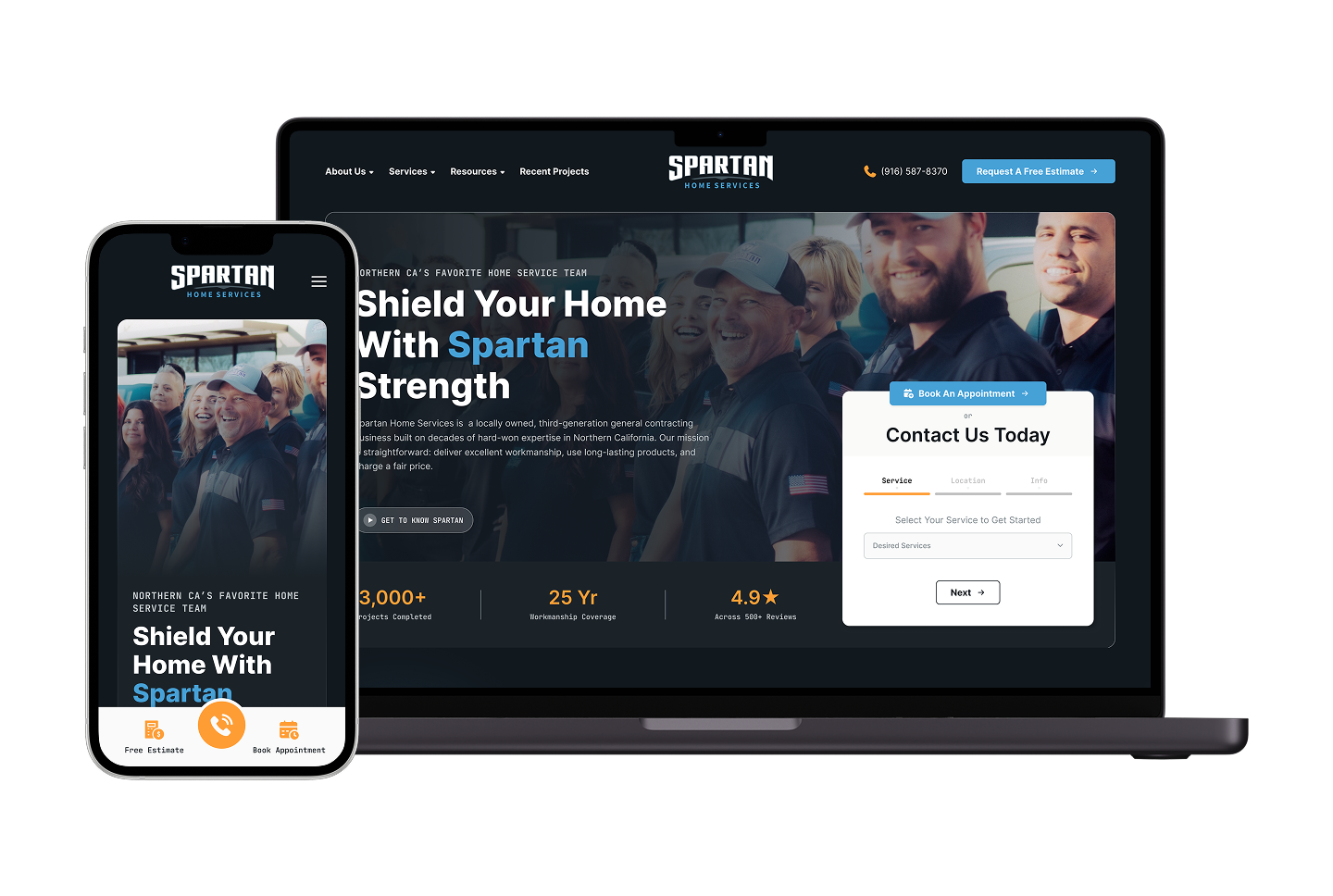 A smartphone and laptop show the Spartan Home Services website on Hook Agency’s site, highlighting a team of workers, service details, a portfolio of completed projects, and clear options to request an appointment or contact the business.