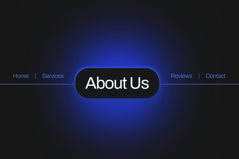 Hook Agency’s dark website menu features a prominent, glowing blue “About Us” button at the center, flanked by Home, Services, Reviews, and Contact links in a horizontal layout for clarity and ease of navigation. Positioning “About Us” centrally drives user engagement and enhances SEO by encouraging visitors to learn more about your brand.