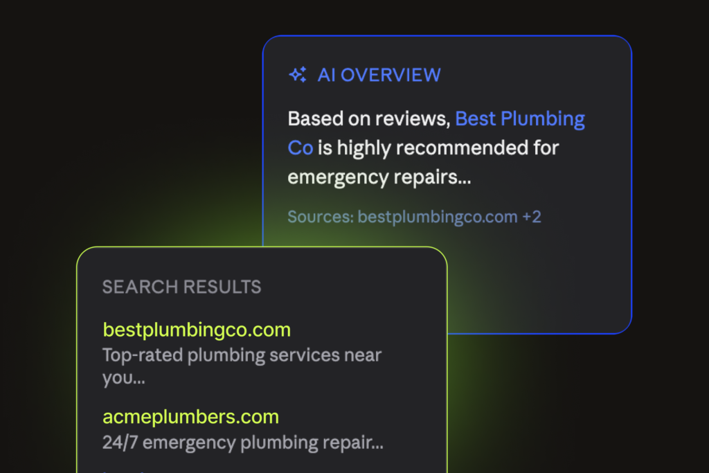 A dark-themed interface on Hook Agency’s website displays AI-generated recommendations for plumbing services, highlighting search results for bestplumbingco.com and acmeplumbers.com. An AEO-powered overview box cites reputable sources, offering actionable SEO insights for contractors.