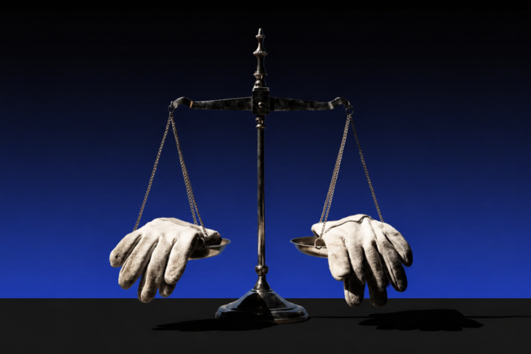 A balance scale with a pair of white work gloves on each side represents the demands contractors face, shown against a blue and black gradient background.