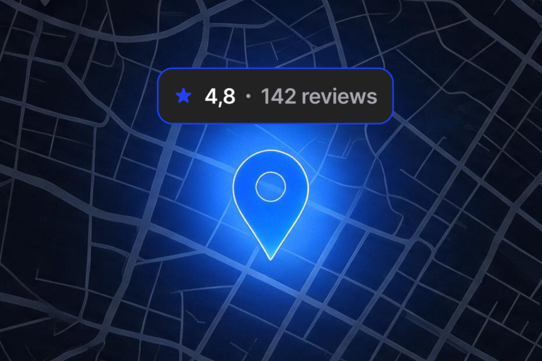 A glowing blue map pin on a dark city map background underscores the critical role of local SEO for roofing companies, with a 4.8-star rating from 142 reviews prominently displayed above—demonstrating Hook Agency’s commitment to driving results.