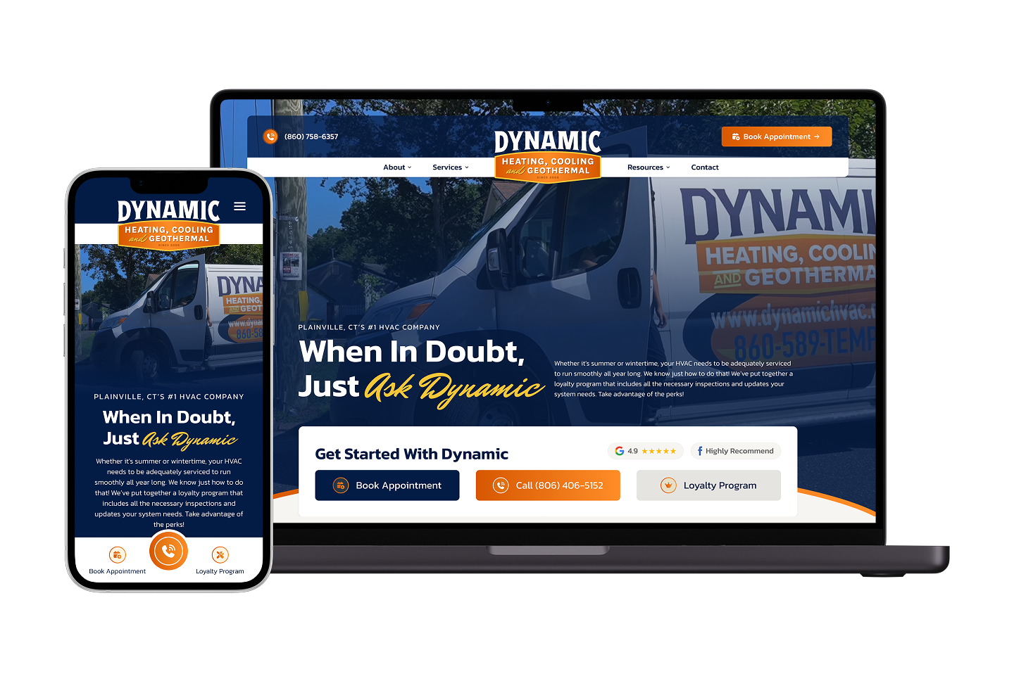 Website and mobile view of Dynamic Heating, Cooling & Geothermal’s homepage showcased on Hook Agency’s website, highlighting a van, company logo, contact button, and navigation menu on a dark background with bold orange and white accents.