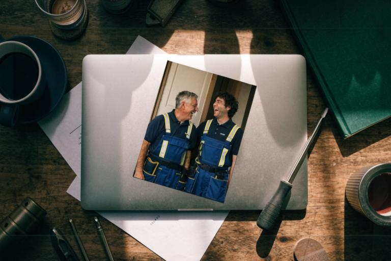 Photo of two men in blue work uniforms smiling at each other, displayed on a laptop surrounded by tools, documents, coffee cups, and a notebook on a wooden desk—showcasing a professional yet approachable contractor environment for Hook Agency’s website.