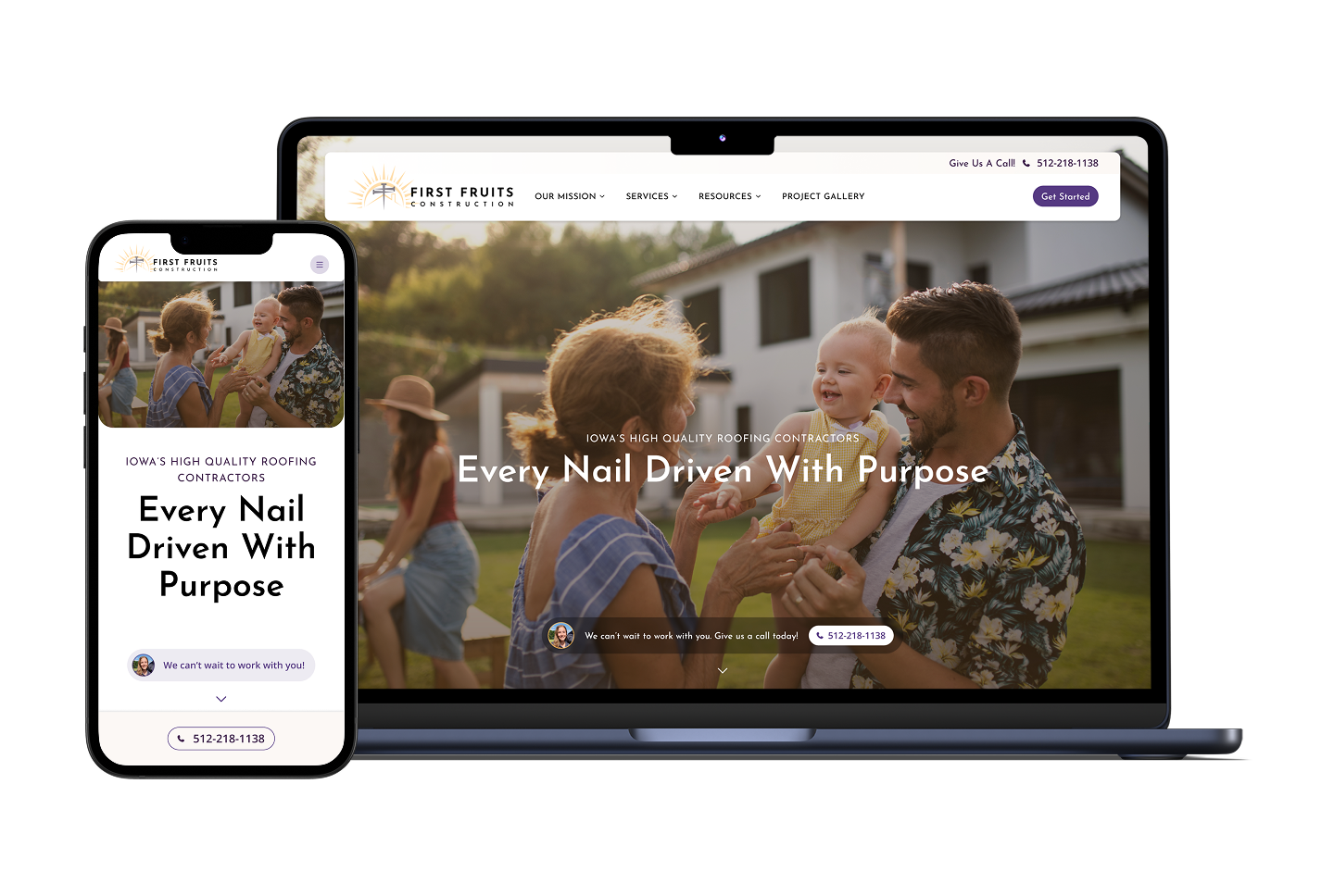 A laptop and smartphone feature First Fruits Construction’s website, as seen on Hook Agency’s site, with a family standing outside a house and the prominent slogan: “Every Nail Driven With Purpose,” showcased in a modern, professional layout.