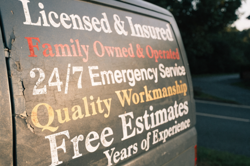 A van displays: “Licensed & Insured, Family Owned & Operated, 24/7 Emergency Service, Quality Workmanship, Free Estimates, Years of Experience.” These proven contractor differentiators effectively build trust and credibility—essential elements in standing out within a crowded contractor market.