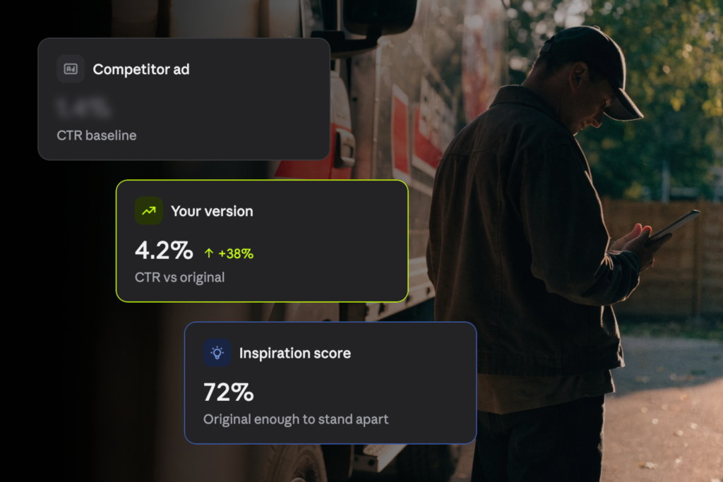 A contractor uses a tablet beside a truck as overlaid graphics showcase Hook Agency’s marketing results: 4.2% CTR, 72% inspiration score, and a blurred competitor ad for comparison—demonstrating the impact of proven digital strategies for contractors.