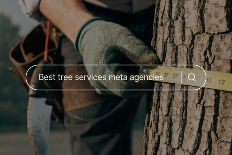 A worker measures a tree trunk, featuring an overlaid search bar for “best tree services meta agencies” to represent Hook Agency’s tree service marketing solutions.