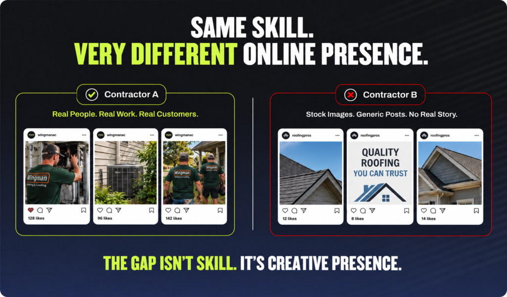 Comparison graphic contrasting Contractor A’s authentic team and equipment photos against Contractor B’s generic stock imagery to demonstrate why creative social media strategy drives home services growth.