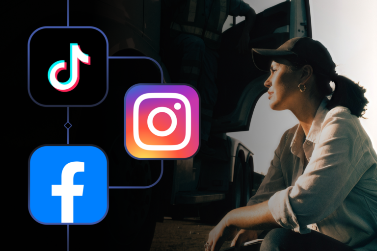 A woman in a baseball cap sits beside a service truck surrounded by social media icons, illustrating a 2026 home services marketing strategy by Hook Agency.