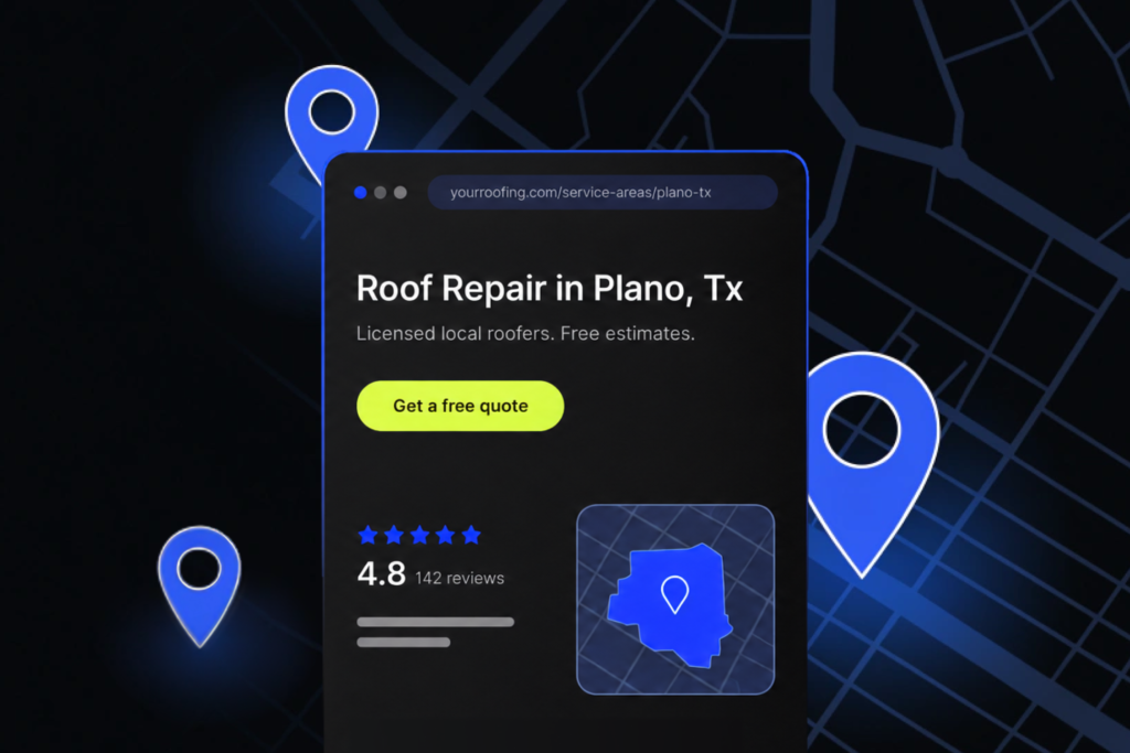 Hook Agency marketing glossary example showing a Plano, Texas roof repair browser window with a 4.8-star rating, map markers, and a free quote button.