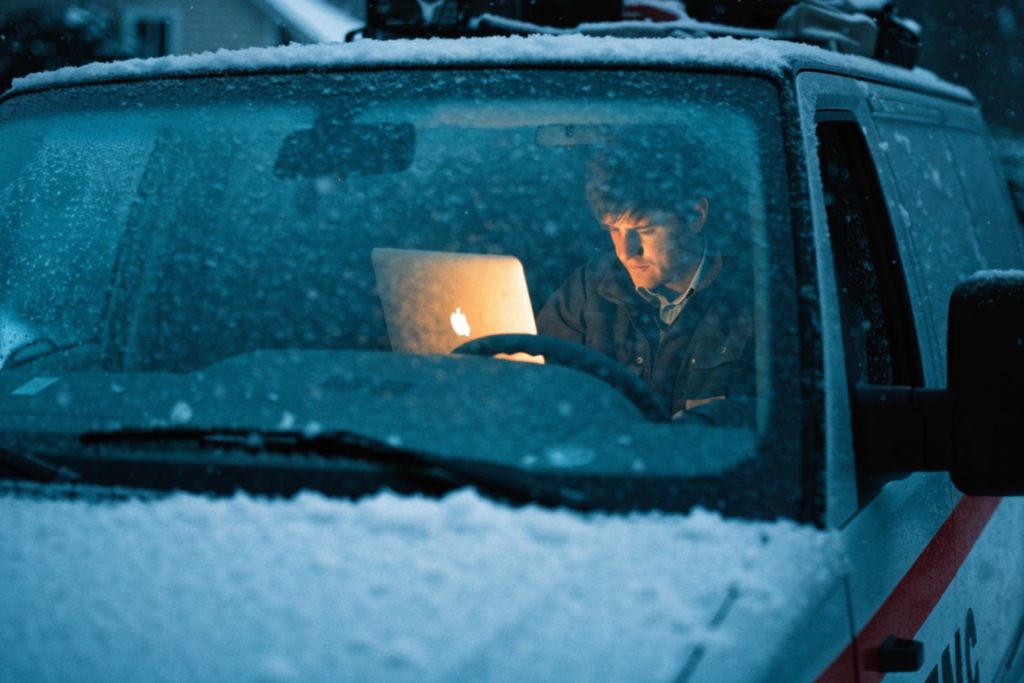 A contractor plans their marketing strategy on a laptop from the driver’s seat of a snow-covered van.