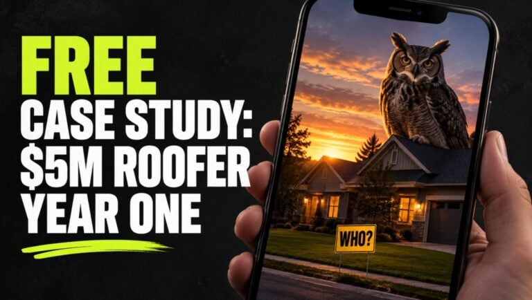 Hook Agency case study: Smartphone displays a $5M roofer success story featuring an owl on a roof at sunset and a “WHO?” yard sign.
